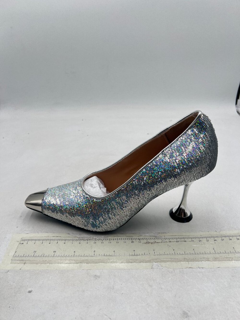 YDN Silver Sequins Dressy Strapless Square Toe Slip On Metal High Heels Pumps